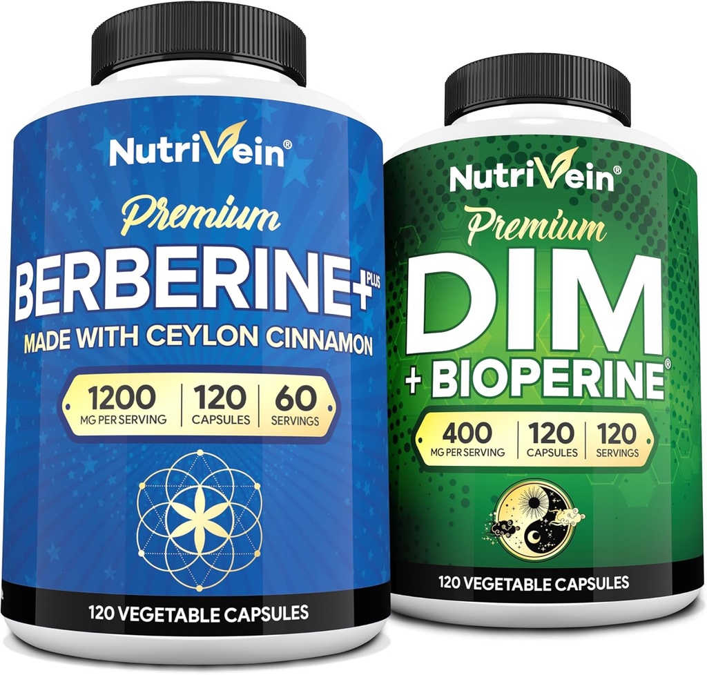 Nutrivein Premium DIM & Berberine Supplement Bundle: High-Absorption Berberine & DIM Supplement with Bioperine - for Hormonal Balance, Digestive Regularity, Metabolism, & Overall Wellness