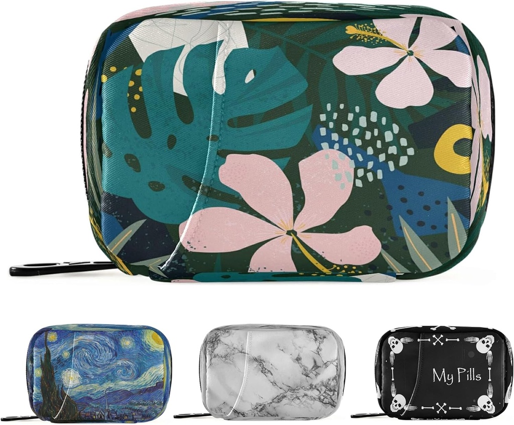 Naanle Hawaiian Palm Leaf Flower Pill Box 7 Day Pill Case Travel Pill Korraldaja kott Zipper Portable Weekly Case Compact Suurus Vitamiini täienduse hoidja