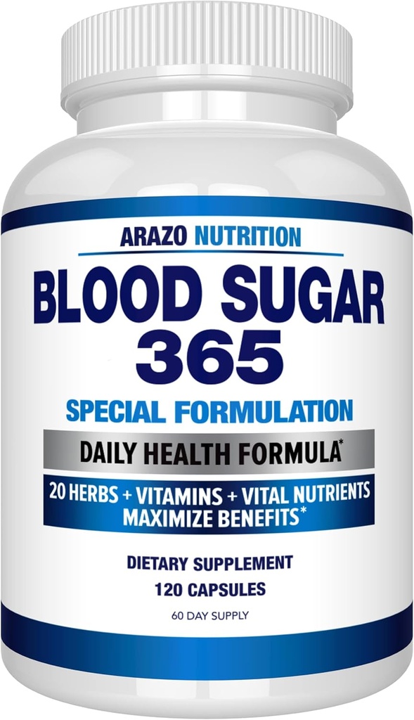 Arazo Nutrition Blood Sugar 365 täiendus - toetab tervislikku energiataset - 120 taimset pilli - 60 päeva pakkumine