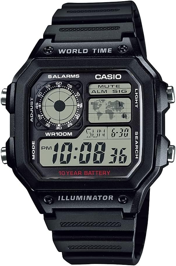 Casio AE1200WH seeria | Meeste digitaalne kell | 100M WR | Multihäired | 100 SEC stopwatch | Countdown Timer | World Map for World Time | LED Light | LC Analog Display | 10-aastane aku