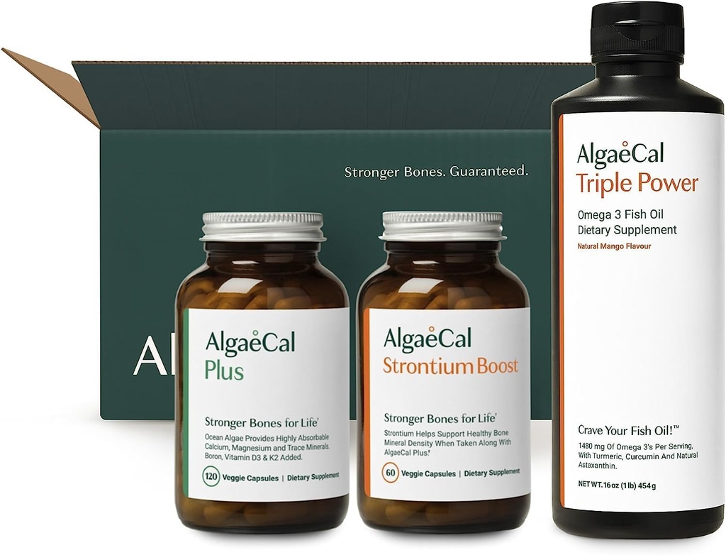 ALGAECAL Welcome Kit - luude ehitaja pakend, taimse kaltsiumi lisand ja strontsium, 16 toitainet luu tervise + EPA & DHA Omega 3 kalaõli, aju, südame, naha ja luude toetamine, valmistatud USA-s