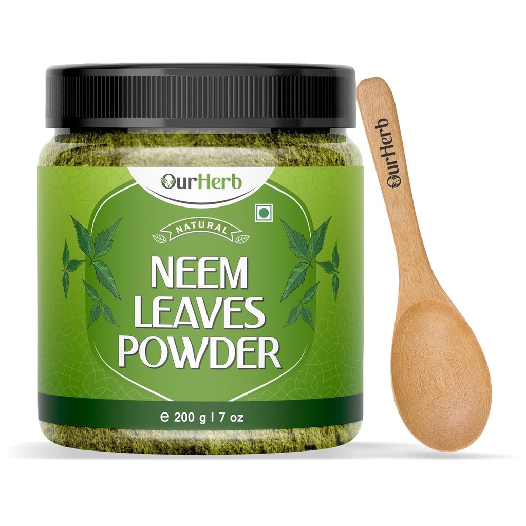 Pure Neem Leaves Powder Natural Solution for Pimple-Free Clear Skin & Silky Hair, Ideaalne näopakenditele, juuksehooldusele ja pigmentatsioonitoetusele puidust lusikaga - 200 g | 7,04 Oz