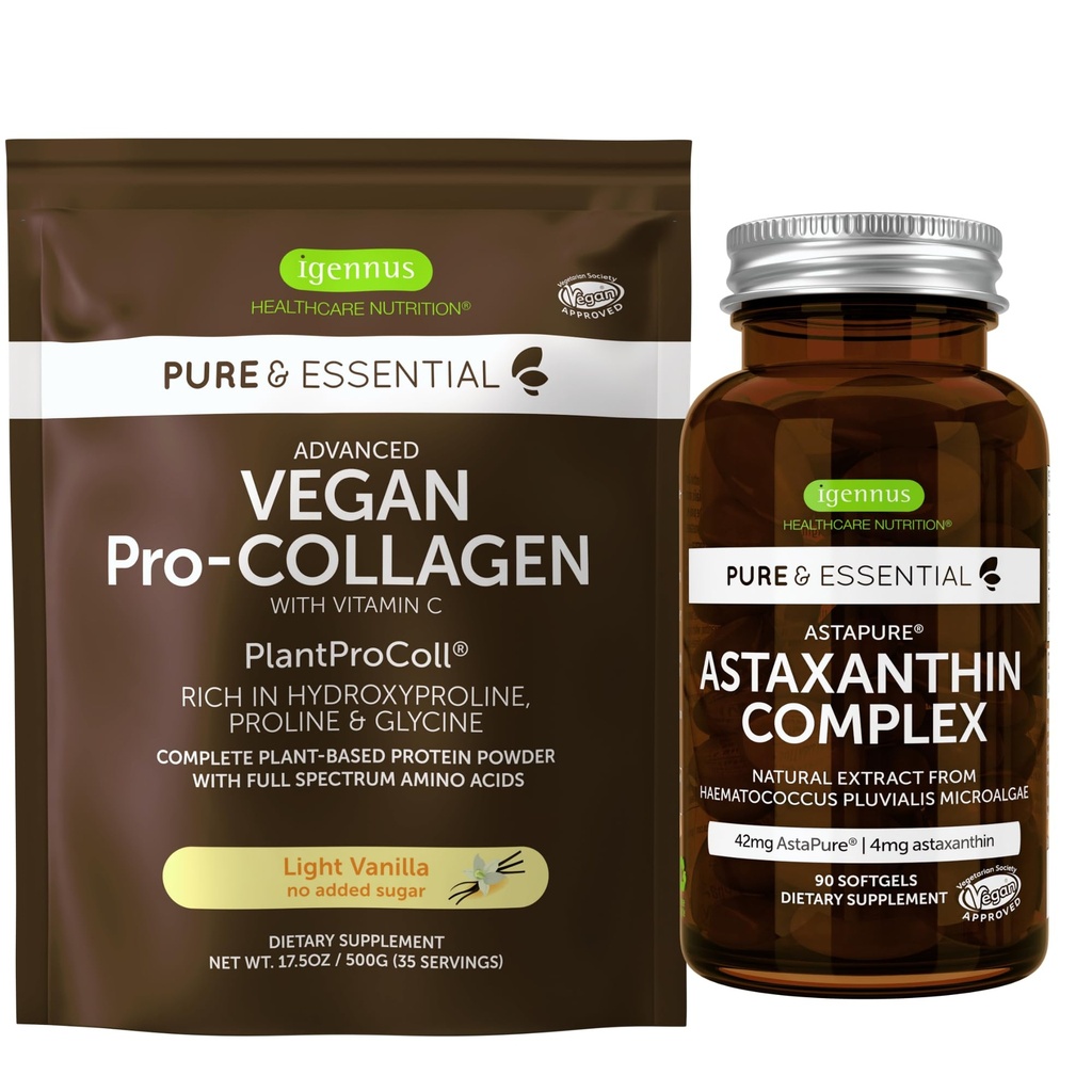 Vegan Vanilla Kollageen Proteiin Pulber + Astaksantiini Kompleks Vegan Bundle, Kollageeni Boosting Formula + Natural 4mg H. Pluvialis Astaxanthin juustele, nahale ja küüntele, autor Igennus