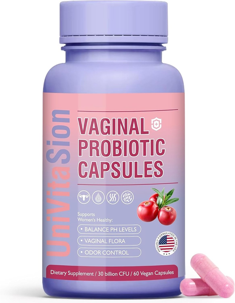 UniVitaSion vaginaalsed probiootikumid naistele pH tasakaal, Lactobacillus prebiootiline kompleks, Jõhvikaekstrakt, D-mannoos vaginaalse tervise Flora kaitsmiseks, tupe lõhna kontroll - 30 miljardit CFU, 60 kapslit