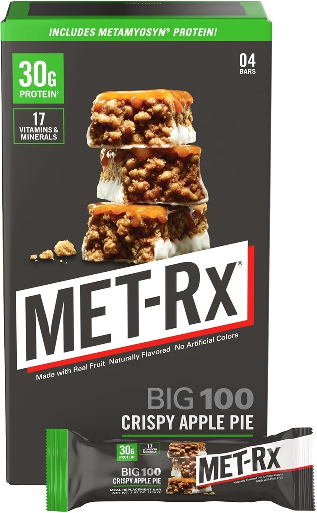 MET-Rx Big 100 Colossal Protein Bars, Crispy Apple Pie Meal asendamine Bars, 4 Count