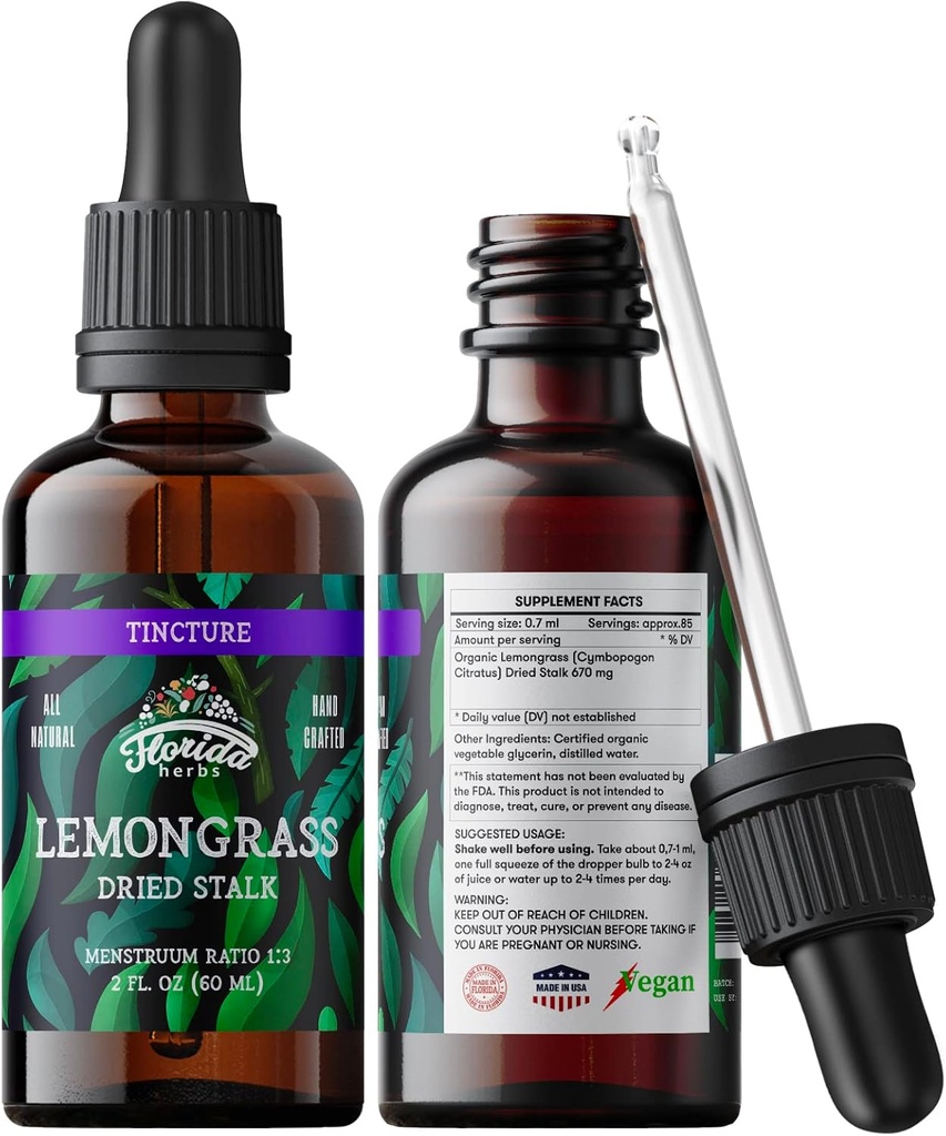 Lemongrass Tinktuur, Orgaaniline Lemongrass ekstrakt (Cymbopogon Citratus) Taimne täiendus, Non-GMO külma pressitud orgaanilised köögiviljad Glycerin, 700 mg, 2 oz (60 ml)