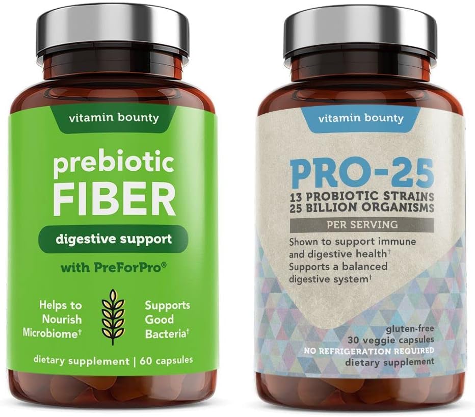 Vitamiin Bounty Pro-25 probiootikumid ja prebiootiline kiudainekomplekt - dieetkiud, 13 probiootilised tüved, soole tervis, seedetrakti tervis, hilinenud vabanemine - komplekt