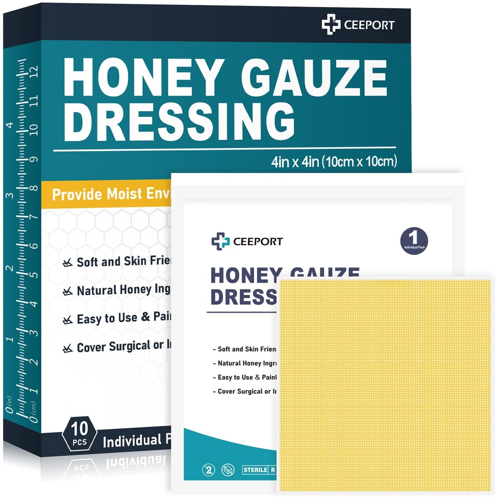 Honey Gauze Wound Dressing, 4" x 4 "Manuka Honey Haound Care, Medical Grade Honey Bandages for Haavahooldus, Honey Patch kiiremaks paranemiseks põletustest, abrasioonidest, lõikamistest ja sooltest (Pakk 10)