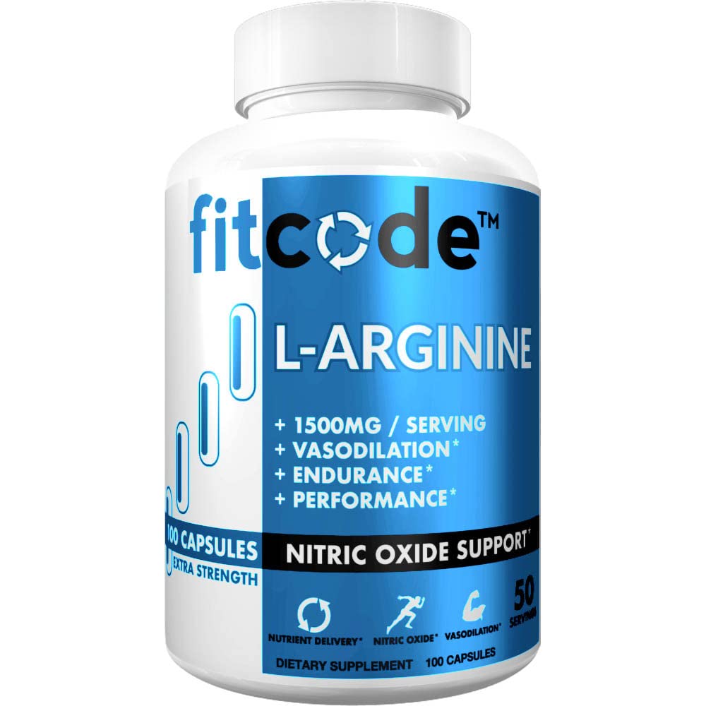 Fitcode Pure Extra Strength L-Arginine HCl 1500mg, lämmastikoksiidi lisand vaskulaarsuse, pumpade, vastupidavuse, jõudluse, lihaste kasvu, energia, võimsad N.O. Lihaspumba kapslid (50 Servings)