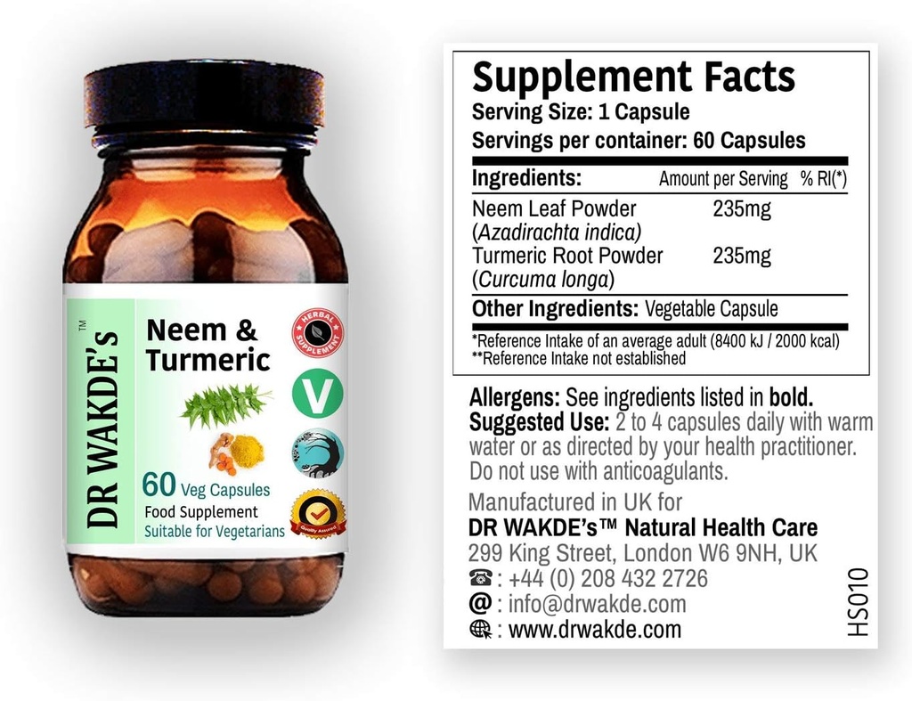 DR WAKDE Neem & Turmeric Capsules | 60 Veg Caps | Ayurveda Supplement | Vegan | 100% Taimne | Kogus Allahindlused | Sama päeva Dispatch