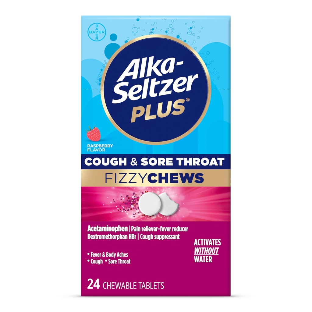 Alka-seltzer Plus Cough & Sore Throat Fizzy Chews, No Water Needed, On The Go Sore Throat Relief täiskasvanutele, Vaarika Maitse, 24 Count