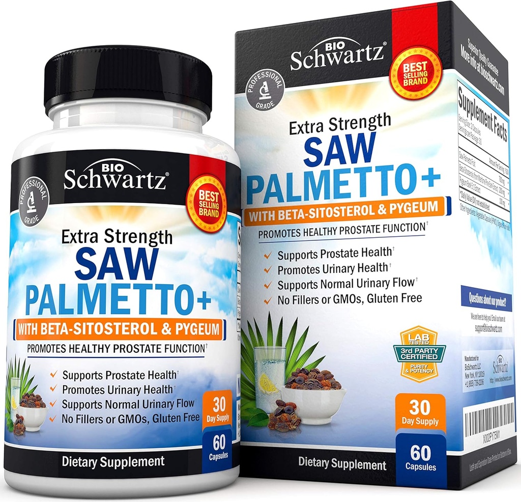Saw Palmetto meestele, kellel on Pygeum Bark ekstrakt ja beeta-sitosterool - toetab eesnäärme tervist ja tervislikku eesnäärme funktsiooni - soodustab kuseteede tervist ja normaalset kuseteede voolu - Non GMO Gluten Free 60 Ct