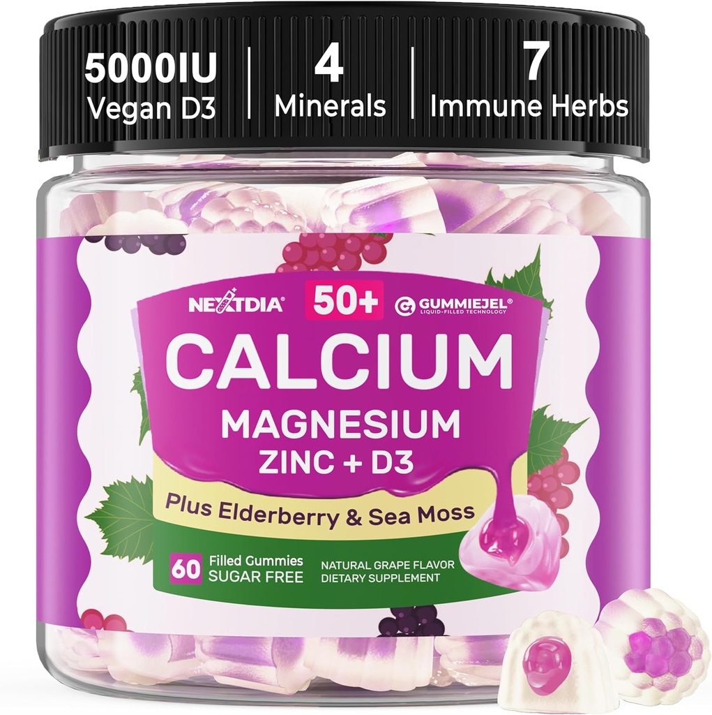 Kaltsiumilisandid Naistele ja meestele 50+, kaltsiumtsitraat 1000mg D3-vitamiiniga, magneesium, tsink, leedrimarja, kõrge imendumisega Kaltsiumi närimiskoed luutihedusele, lõdvesta lihased, immuun, Vegan 60ct