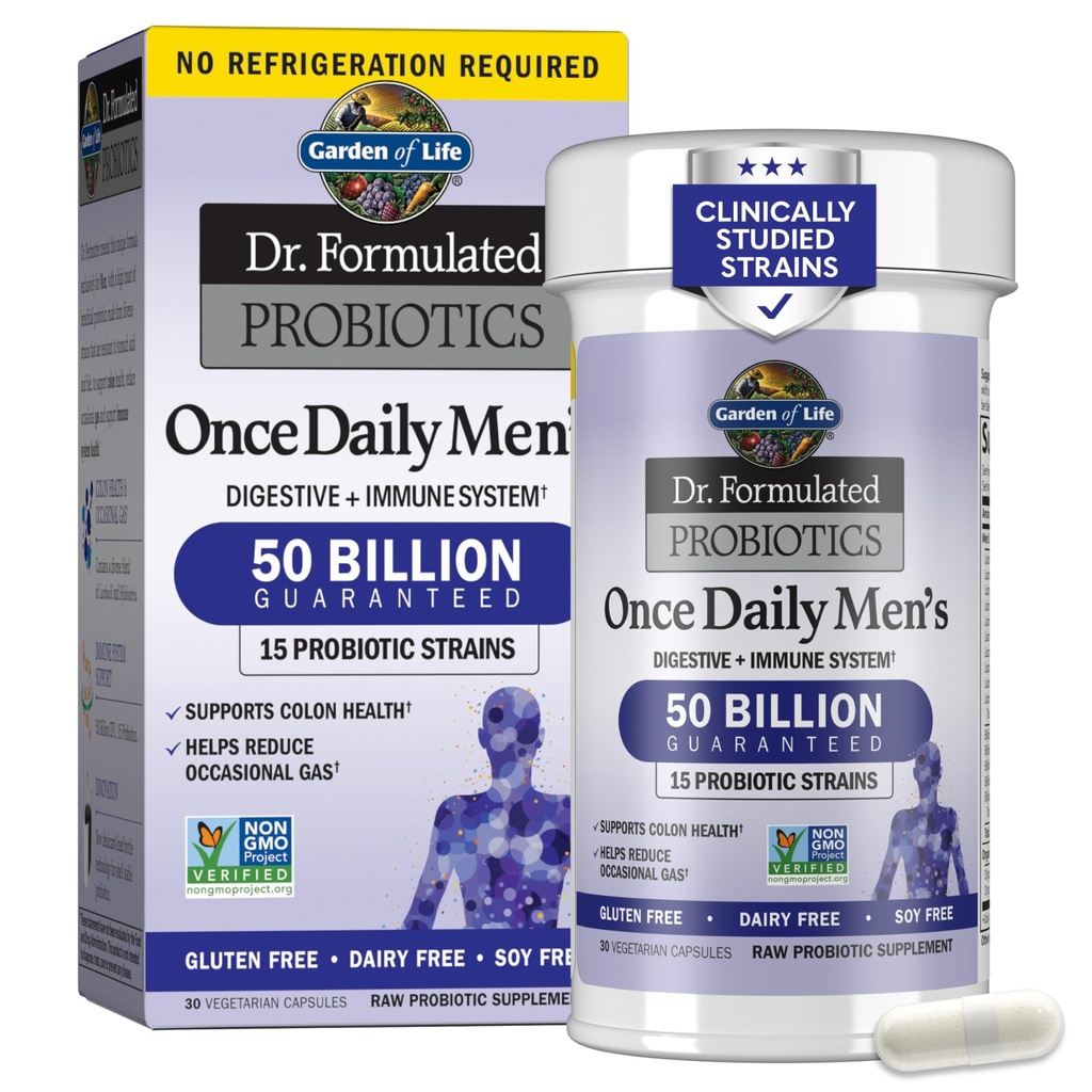 Aed elu probiootikumid meestele, Dr formuleeritud 50 miljardit CFU 15 probiootikumid seedetrakti tervisele + orgaaniline prebiootiline kiud, Colon & Immune Support, Daily Gas Relief, riiuli stabiilne, 30 kapslit