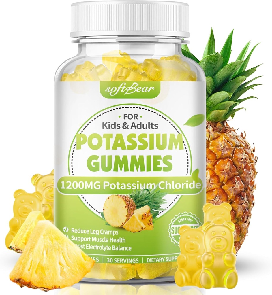 softbear Kaalium Chloride Gummies 1200mg, Sugar-Free Kaalium Gummies täiskasvanutele Toetus Jalakrambid Kõrge potentsi Kaaliumkloriidi täiendus, ananassimaitse 60 Count
