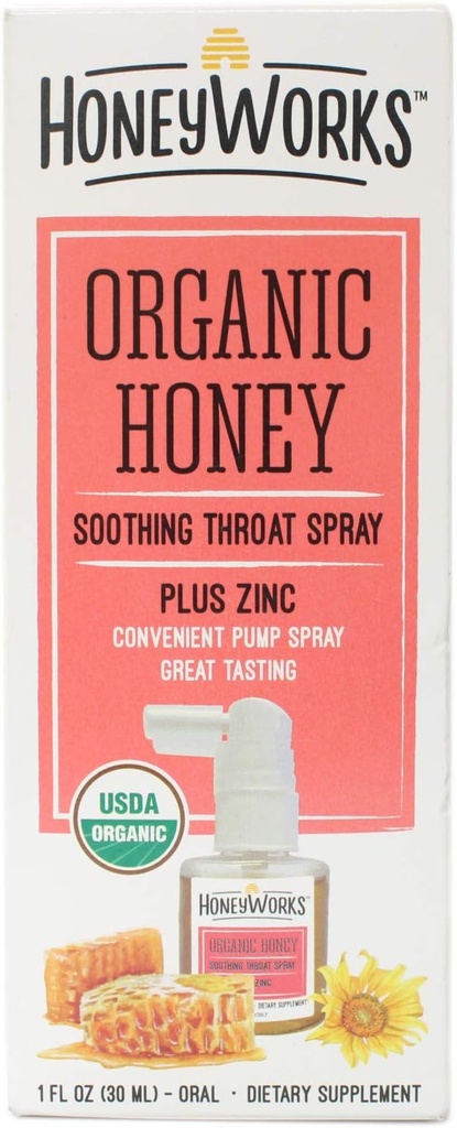 HoneyWorks Adult Throat Spray for Sore Throat Relief, 1 Oz, rahustav Non-GMO USDA Organic Dark Honey + Tsink, Fast-Acting Relief, vanuses 12 aastat
