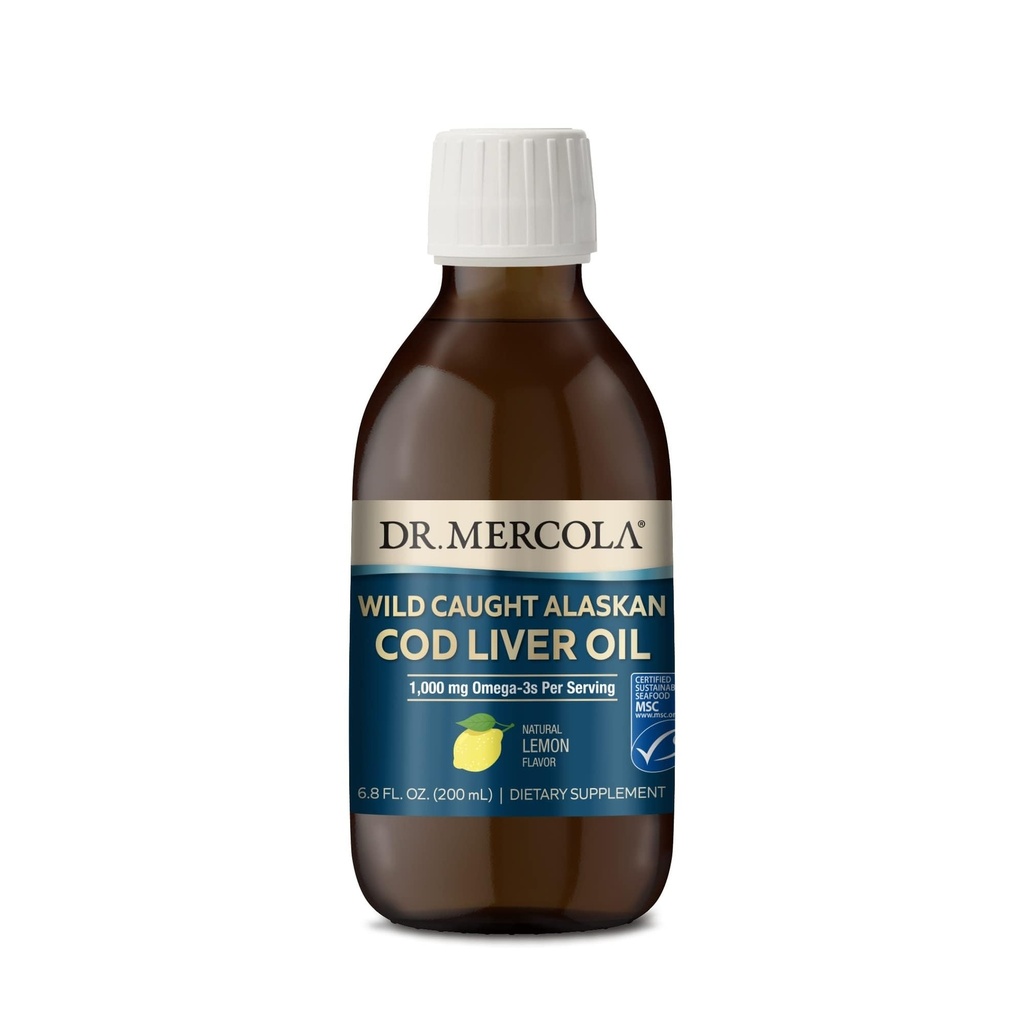 Dr Mercola Wild Caught Alaskan Cod Maksaõli, 6,8 Fl. Oz. (200 ml), 40 Servings, 1000 mg Omega-3s per Serving, Dietary Supplement, toetab aju ja kognitiivset funktsiooni, Non-GMO, MSC sertifitseeritud