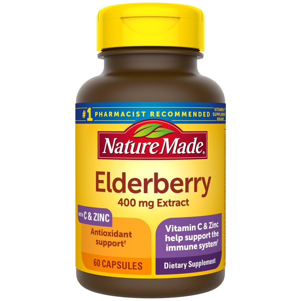 Nature Made Elderberry 400 mg ekstrakti C-vitamiini ja tsink, toidulisand immuunsüsteemi toetuseks, 60 kapslit, 60 päeva pakkumine
