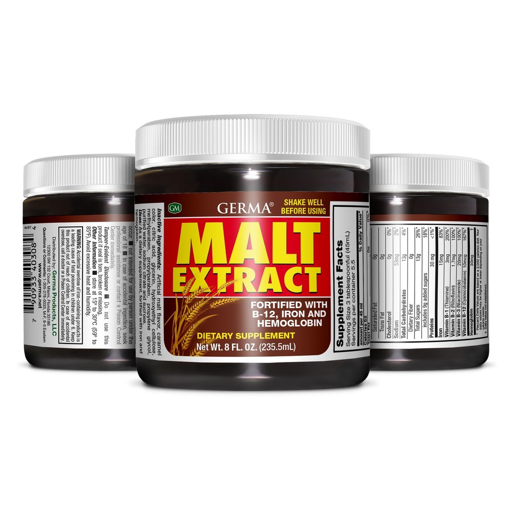 Germa Malt Extract Liquid Supplement - Pure Concentrated Barley Malt - 8 fl oz (236ml)