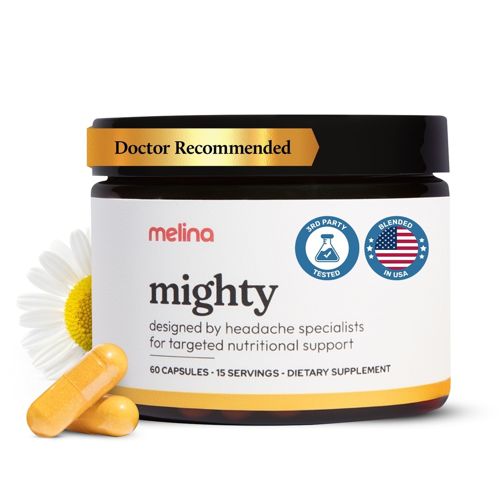 Melina Mighty Natural Migreen Relief Supplement - Magneesium, B2 Riboflaviin 400mg, palavik, CoQ-10, ALCAR tugevdada migreeni ja peavalu ennetamine - 15 Servings (60 Caps)
