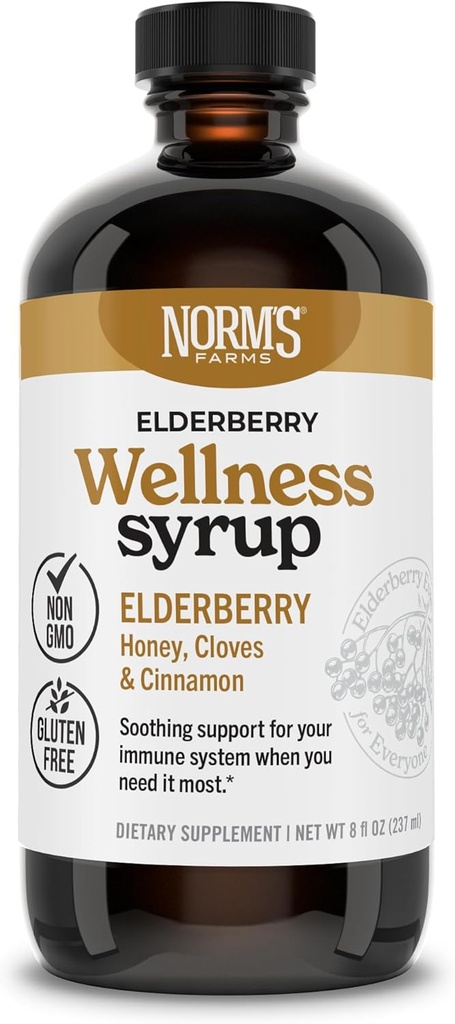 Norm's Farms Wellness Black Elderberry Syrup koos mee, kaneeli ja nelgiga - valmistatud USA-s, looduslik immuuntoetus, alkoholi või täiteaineteta, gluteenivaba, GMO-vaba, vegan, puhas Elderberry Juice Syrup - 8 Oz