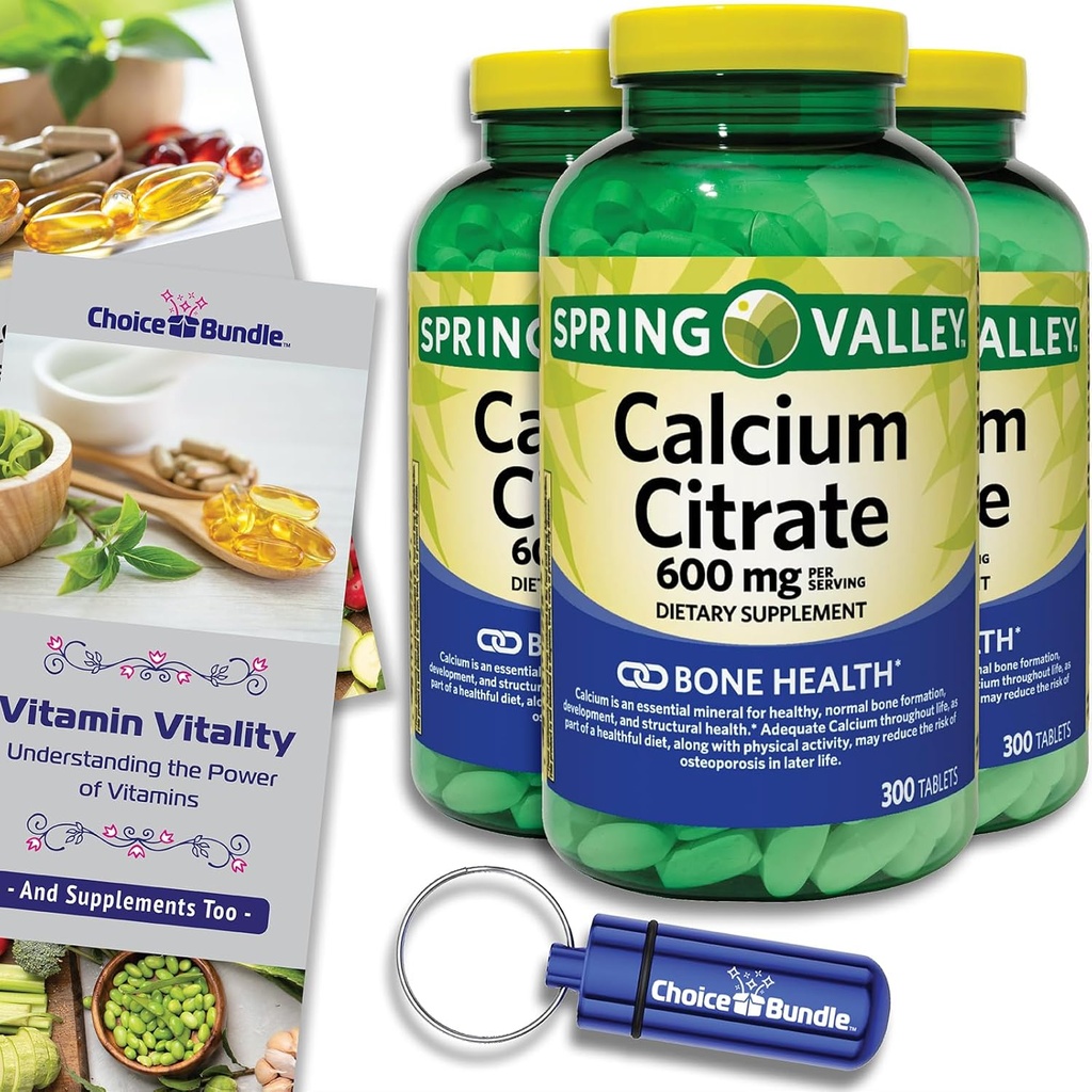Spring Valley Kaltsiumtsitraat tabletid Dieet Toidulisandi 600 mg 300 Ct 3 pk Valikukomplekt (900 kokku) + Vitamiini juhend ja pillide konteiner (5 kirjet)!