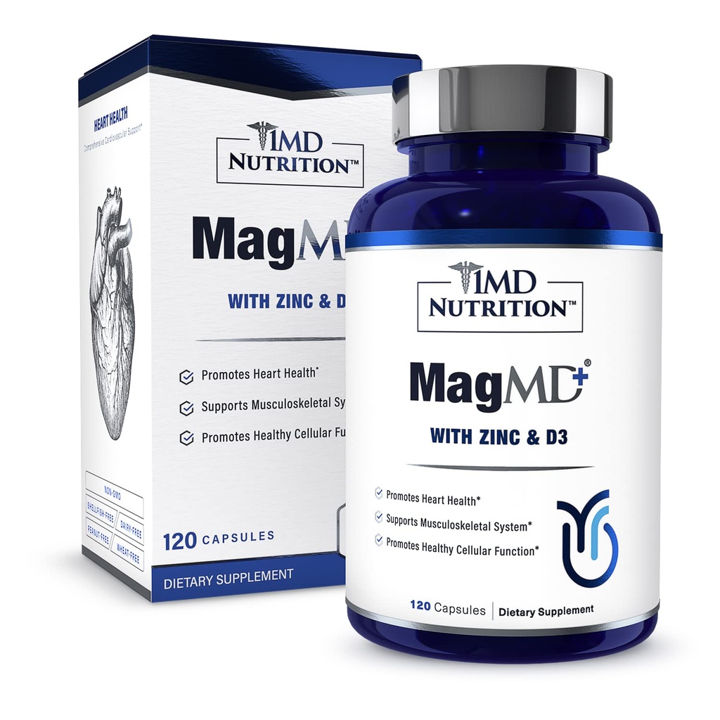 1MD Nutrition MagMD Plus - magneesium tsingiga ja D3 | edendab südame tervist, toetab luude ja lihaste tugevust ning aitab immuunsüsteemi - 120 Ct
