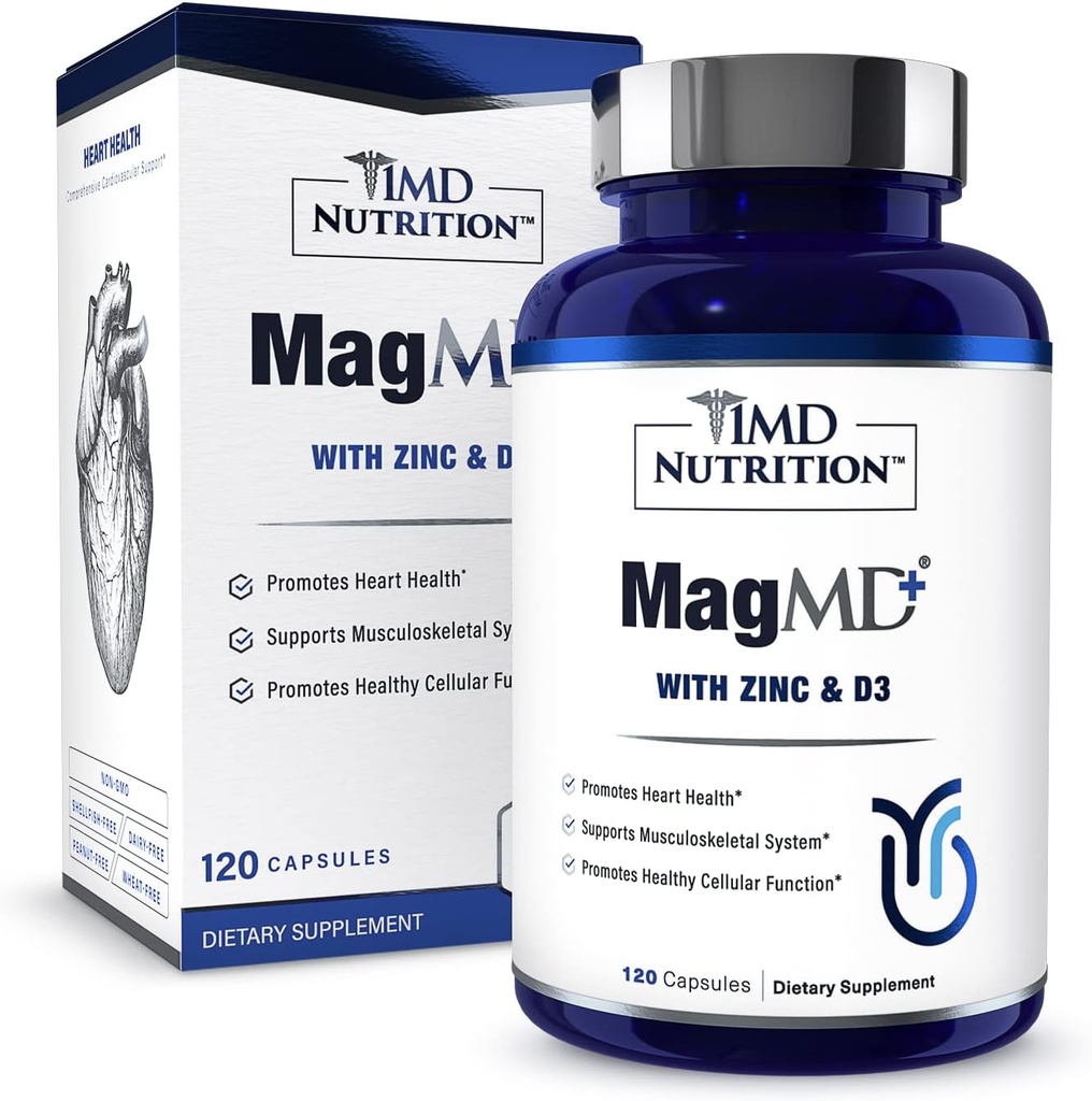 1MD Nutrition MagMD Plus - magneesium tsingiga ja D3 | edendab südame tervist, toetab luude ja lihaste tugevust ning aitab immuunsüsteemi - 120 Ct