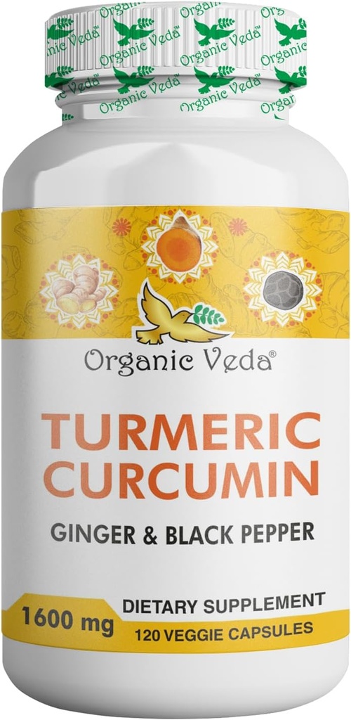Orgaaniline Veda kurkum ja ingveri kapslid 120 pillid - orgaaniline kurkumiin koos musta pipariga ühiseks toetuseks - Mitte GMO, gluteenivaba, kurkum ja ingveri lisand (95% kurkuminoidid)