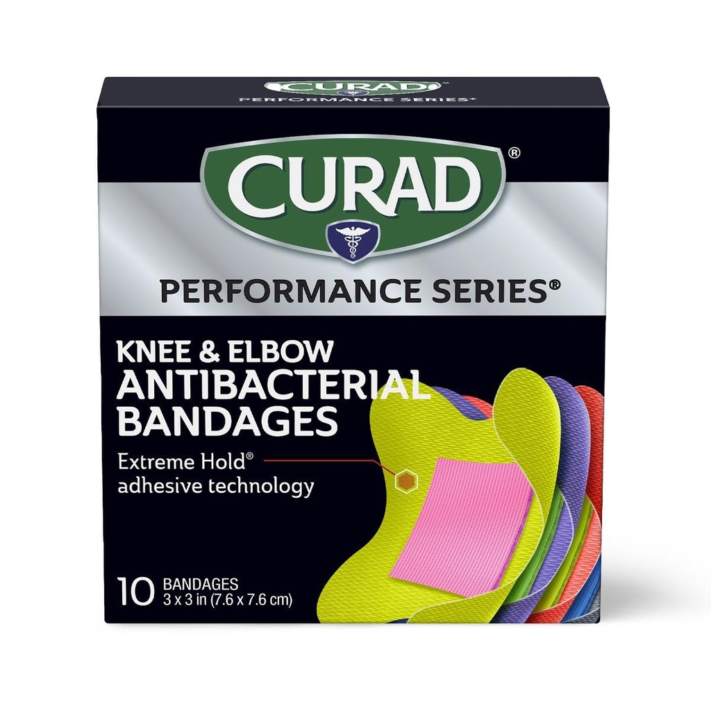CURAD Performance Series IRONMAN Antibakteriaalsed Bandages, Extreme Hold Adhesive Technology, Põlve ja küünarnukk 3 tolli x 3 tolli, 10 Count, Ideaalne lõikamine, Scrapes, Sport ja aktiivne elustiil