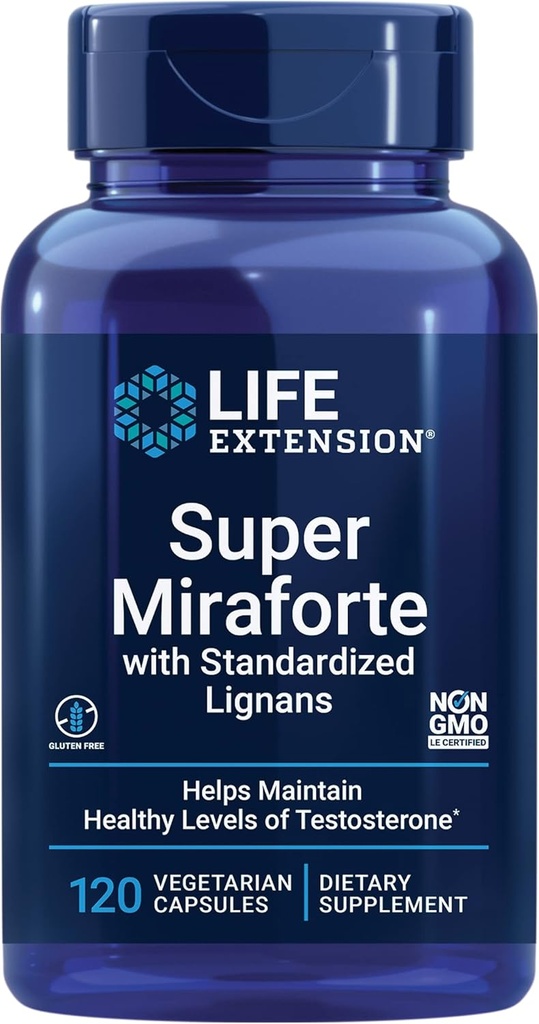 Life Extension Super Miraforte standardiseeritud Lignans, krüsiin, väike juur, Muira puama, maca, tsink, keskendunud valem testosterooni kasu, taimetoitlane, gluteenivaba, mitte-GMO, 120 kapslit