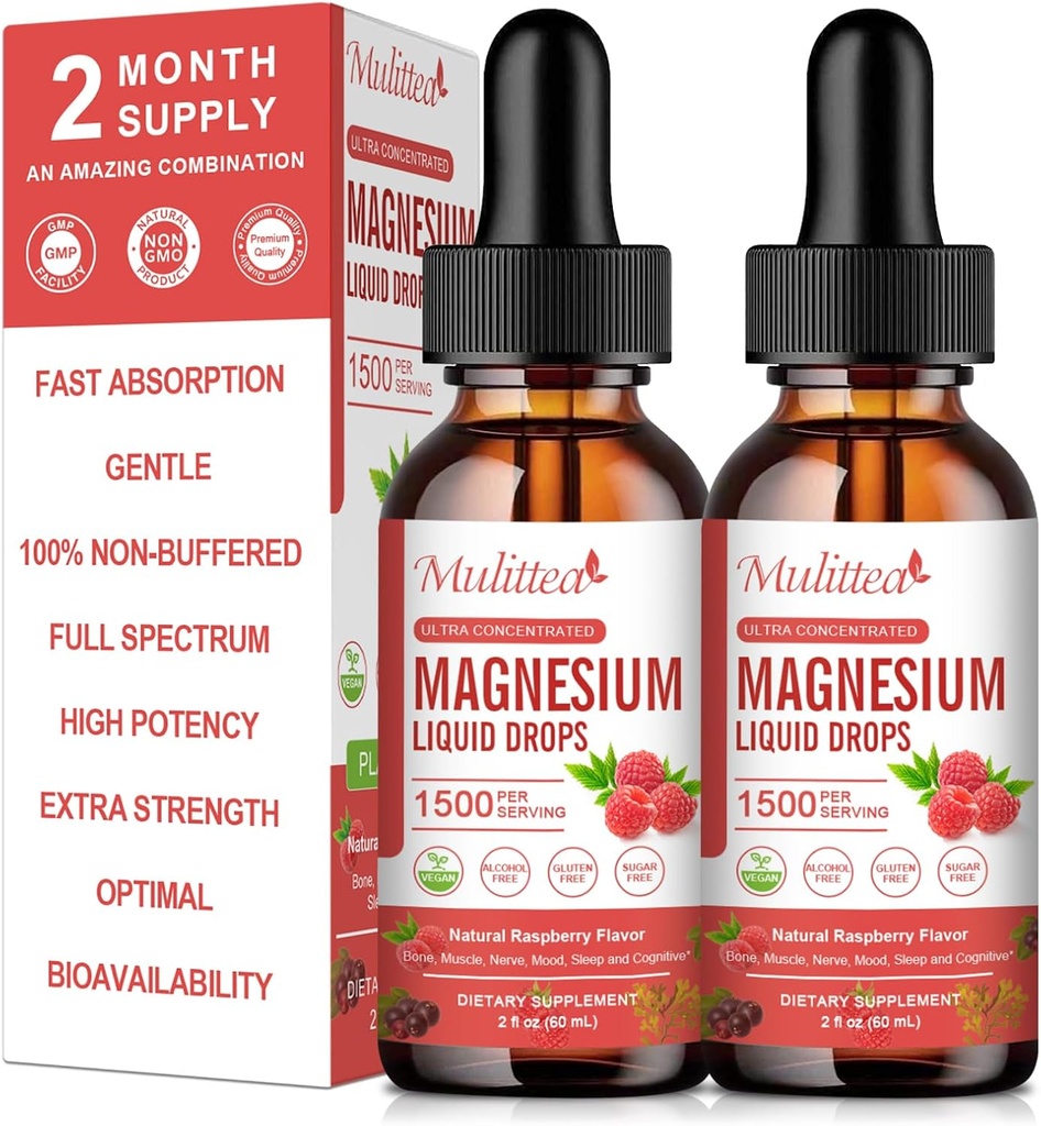(2 Pack) Magneesiumglütsinaat Vedelad tilgad w/ 1500mg Magneesiumglütsinaat , tauraat , malaat , tsitraat , kaltsium Plus kaalium närvidele , luudele , südame tervisele & energia Zzz - kõrge neeldumine- vaarikamaitse