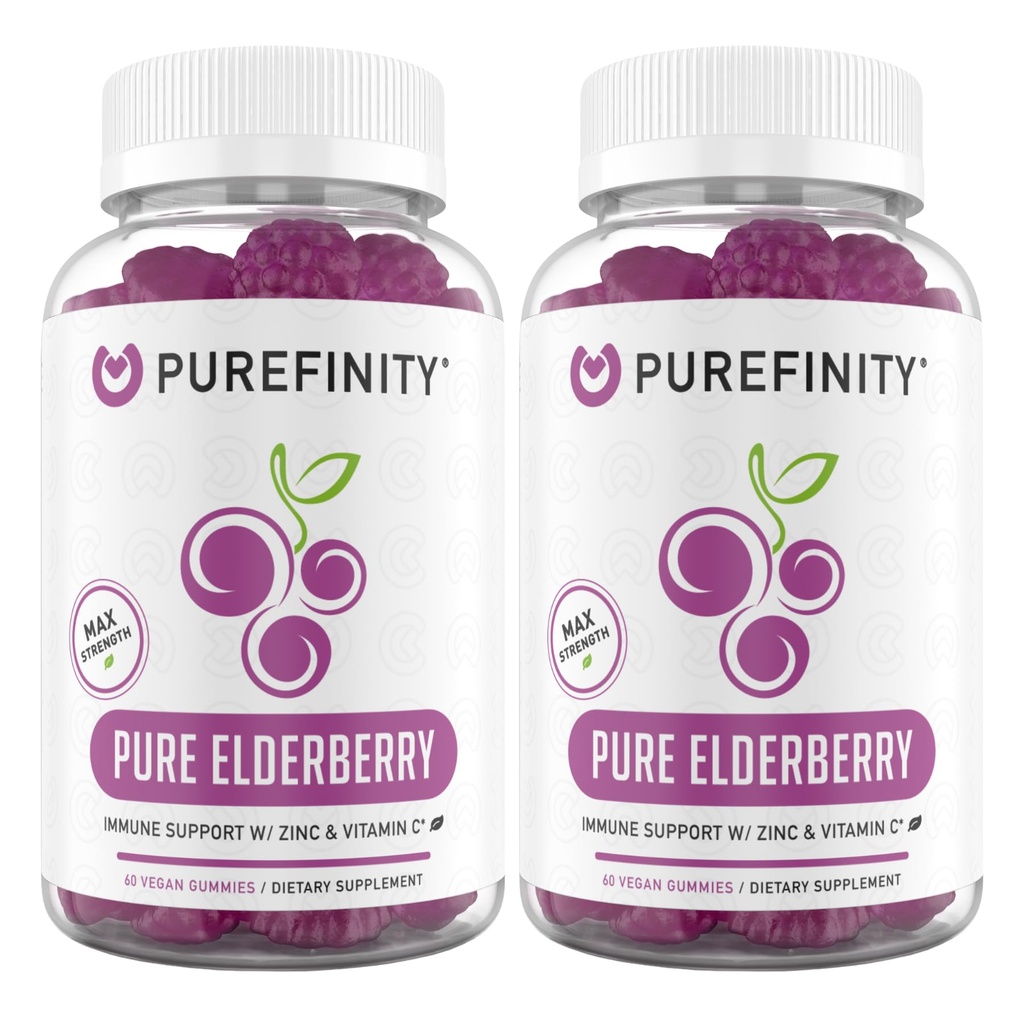 PUREFINITY Elderberry Gummies Sambucus, vitamiin C ja tsink - teie täiuslik igapäevane 3-in-1 toidulisand lastele ja täiskasvanutele - gluteenivaba, mitte-GMO, vegan, 60 loend (pakk 2)