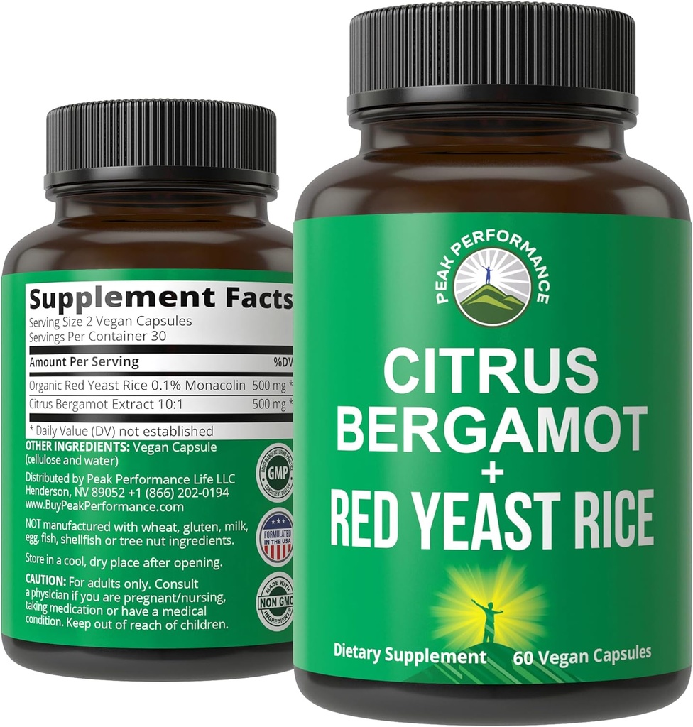 Citrus Bergamot + Red Yeast Rice. 2-in-1 Supplement. High Strength 10:1 Bergamot Extract. No Gluten, Zero Sugar, Vegan Capsules
