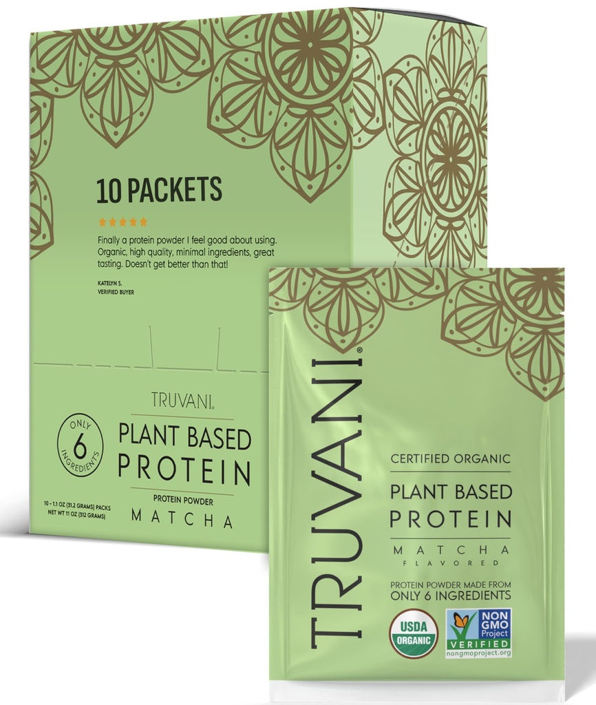 Truvani Vegan Peavalgupulber | Matcha | 20g Orgaaniline Taimne Valk | Ühekordne Teenimine Reisipaketid | 10 Serving | Keto | Gluteen & Piimavaba | Madala carb | Ei Lisatud Suhkrut