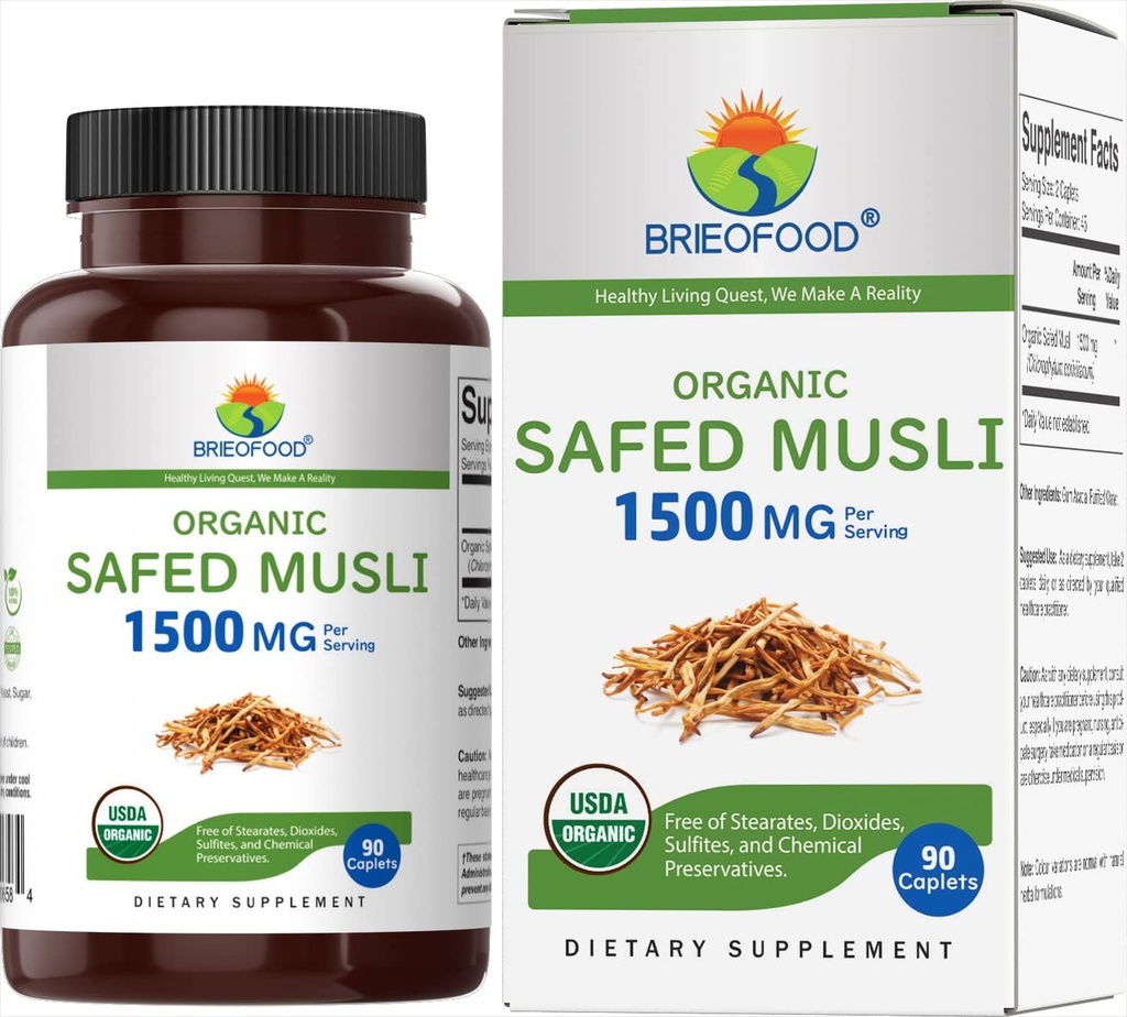 Brieofood Organic Safed Musli 1500mg, 45 Servings, Taimetoitlane, Gluteenivaba, 90 Taimetoitlane tablett