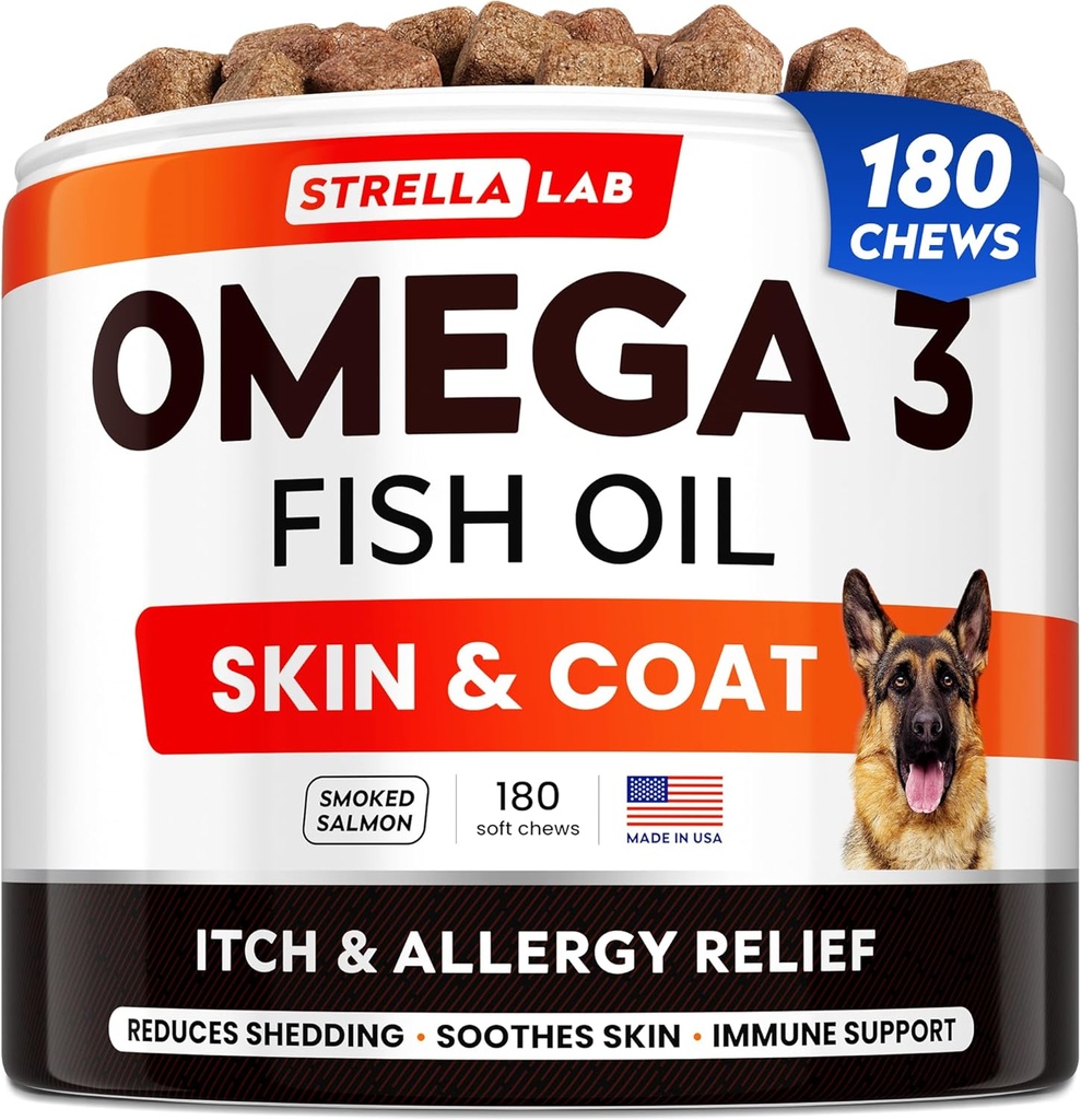 StrellaLab Omega 3 koertele - (180Ct) Kalaõli ravi - Allergia & Itch Relief Naha & Coat Supplement - Kuiv sügelev nahk, Anti Shedding & Hot Spots Ravi - Lemmikloomade lõhe õli närib - Suitsutatud lõhe maitse
