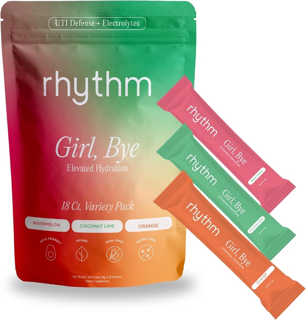 Rütm Tüdruk, Bye Fast-Acting 18 ct. Troopilise maitsega Keto UTI Relief & Defense + Kiirhüdraat Kuseteede Tervisejoogi Segu | pH tasakaalustamine | Trenn & intiimsus | Essentsiaalne vahelduv paastumine