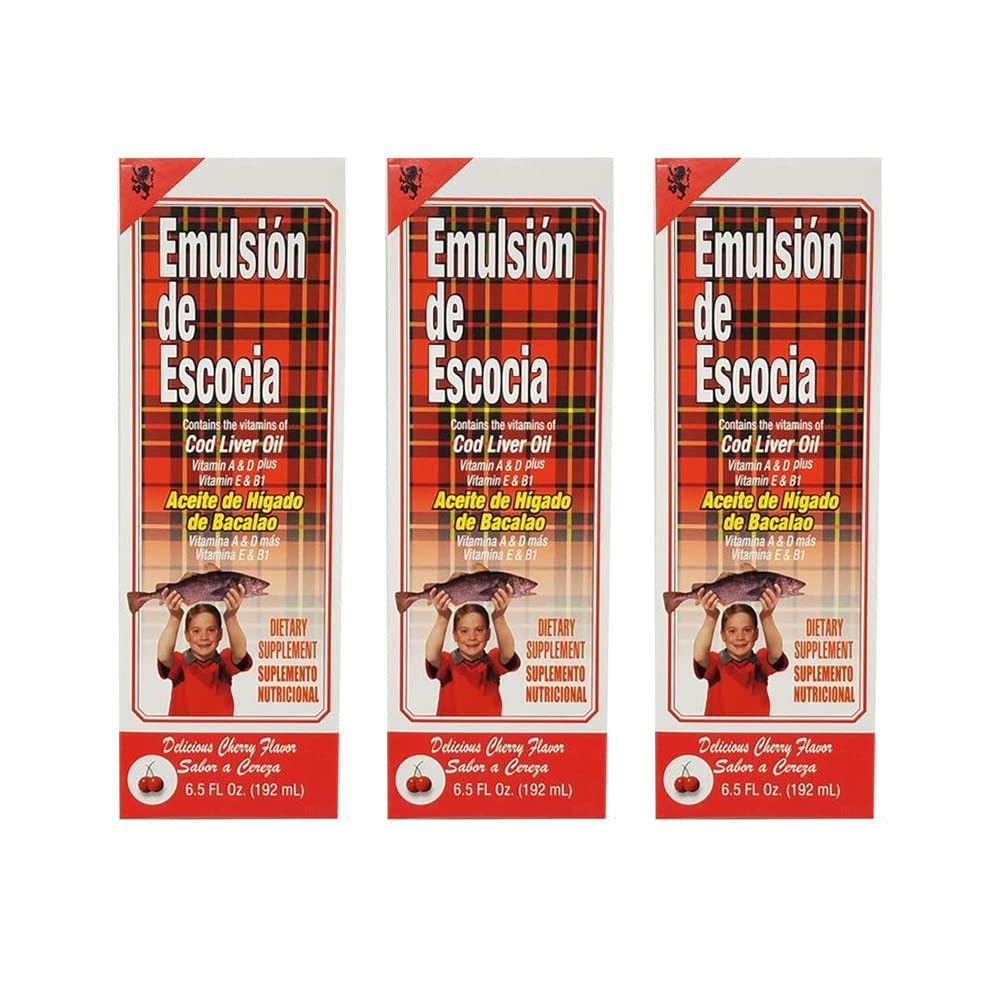 Emulsioon de Escocia Cod Maksaõli toidulisand. Rikas vitamiinides A, D, E ja B1. Kirsimaitseline. 6,5 Fl Oz / 192 ml. Pakend 3