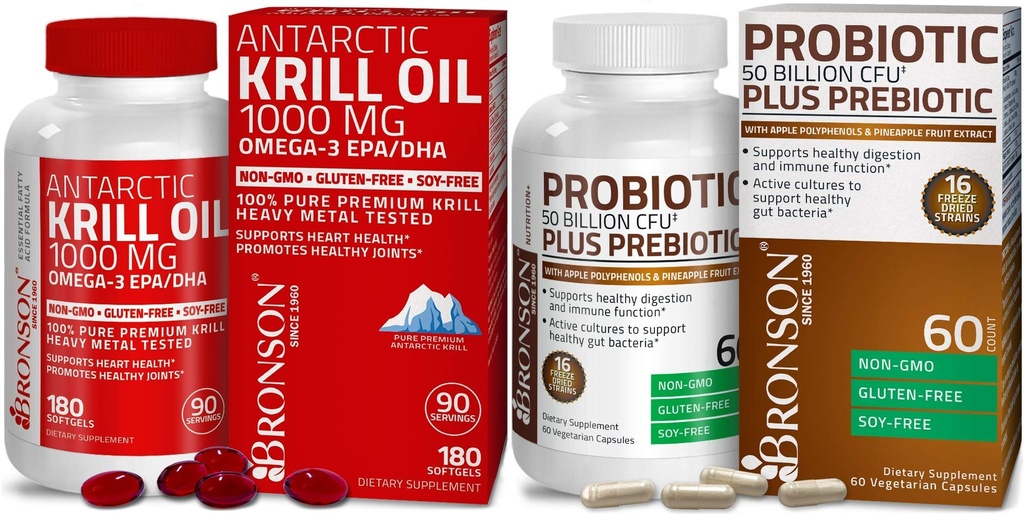 Bronson Probiootikum 50 miljardit CFU + prebiootikum koos Apple Polyphenols & Ananass Fruit Extrac Antarktika krillõli 1000 mg koos Omega-3s EPA DHA-ga