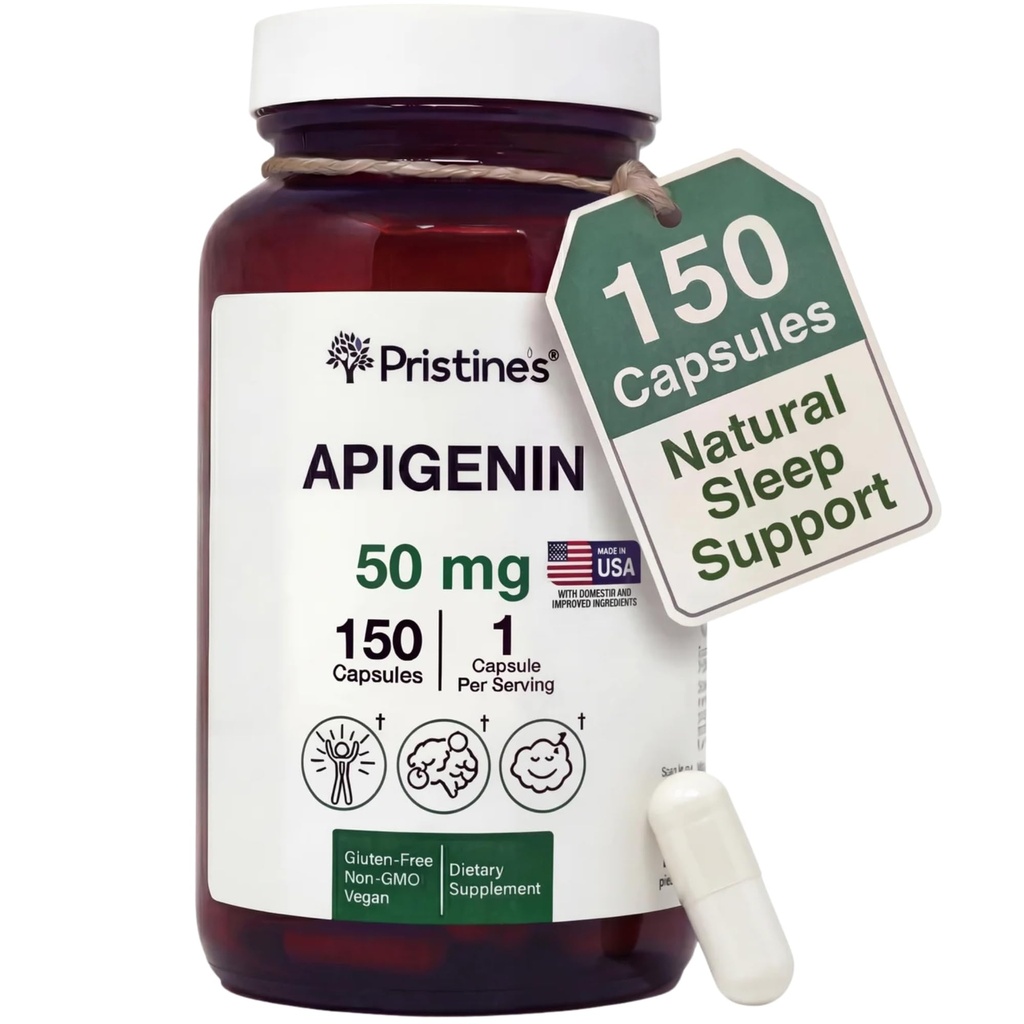 PRISTINE'i apigeniini lisand puhkekapslitele - 50 mg 150 päeva pakkumine - kummeli pulbris leitud eesnäärme ja une tugi lõõgastumiseks, tervislikuks vananemiseks, aju ja südame terviseks ja immuunsuseks