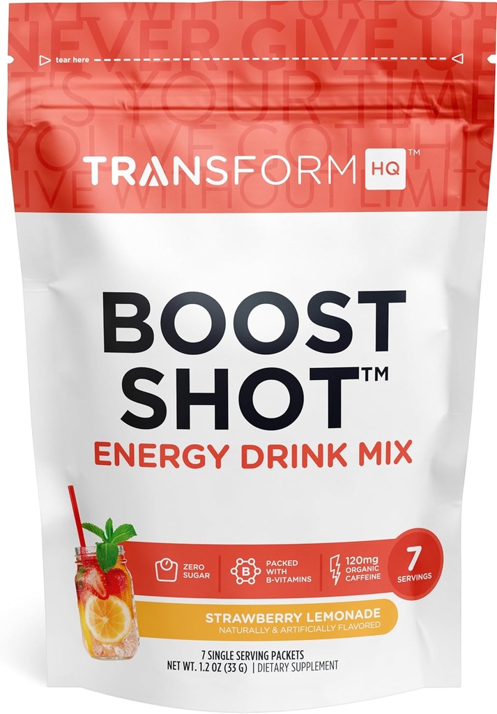 TransformHQ Boost Shot Powder Drink Stick Packets, maasikas Lemonade, 7 Pack, energialisandid naistele ja meestele, kofeiiniga, vitamiin B12, B9, B6 & B3