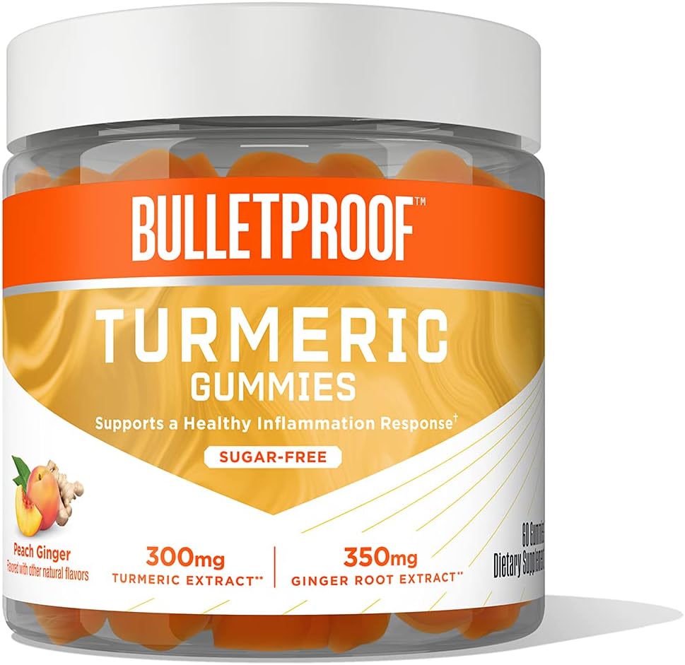 Bulletproof Sugar-Free Peach Ingver Kurkummies, 60 Count, Keto täiendus liigese- ja põletikureaktsiooni toetuseks, uus ja täiustatud maitse ja teksuur, Pakend võib varieeruda