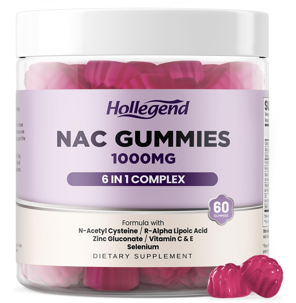 6 in 1 NAC Gummies, närimistable N Acetyl Cysteine 1000mg toidulisand lastele ja täiskasvanutele, ALA, tsink, C & E vitamiin, Selenium, antioksüdantide ja immuunsüsteemi tugi, mustikamaitse, suhkruvaba, 60 Ct