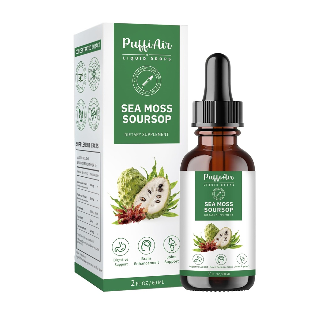 PUFFIAIR Soursop (Graviola) & Sea Moss Vedel Tilk rakkude toetamiseks ja taastamiseks, Immuunkiirendus, lõdvestumine, maks ja uni, taimeekstrakt, suhkru-/gluteenivaba, looduslik maitse, 2 Fl Oz/60 ml