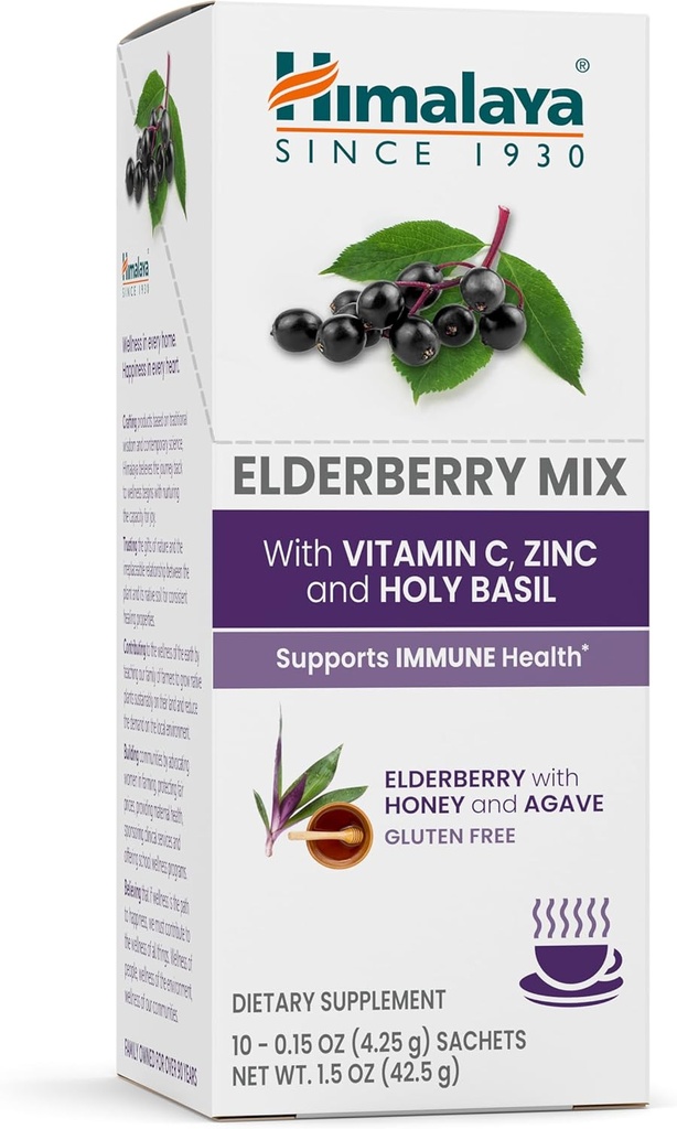 Himalaya Elderberry Mix, Drink Mix Supplement, Immun Support Elderberry, Tsink, C-vitamiin ja Püha Basiilik, Kofeiinivaba, 10-0,15 untsi (4,3 g) Pakid, Lihtne segada, Gluteenivaba