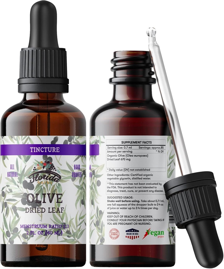 Orgaanilise oliivilehe tinktuur, oliiviekstrakti vedelik (Olea europaea) Kuivatatud lehetaimelisand, GMO-vaba külmpressitud orgaanilises köögiviljas Glütseriin, 700 mg, 2 oz (60 ml)