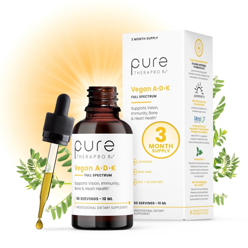 Puhas Therapro Rx Vegan A-D-K tilgad 10 Ml, valmistatud USAs | 3 kuu tarne | A-vitamiin (Palmitaat), Liposomaalne D3-vitamiin (Pureshine), Liposomaalne K2-vitamiin (MK-4 & MK-7) toetab immuunsust ja luu tervist