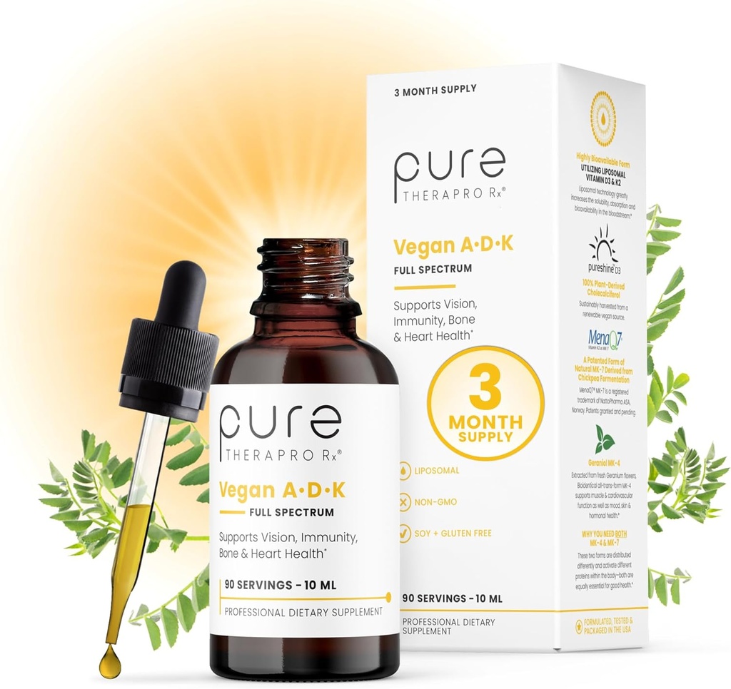 Puhas Therapro Rx Vegan A-D-K tilgad 10 Ml, valmistatud USAs | 3 kuu tarne | A-vitamiin (Palmitaat), Liposomaalne D3-vitamiin (Pureshine), Liposomaalne K2-vitamiin (MK-4 & MK-7) toetab immuunsust ja luu tervist