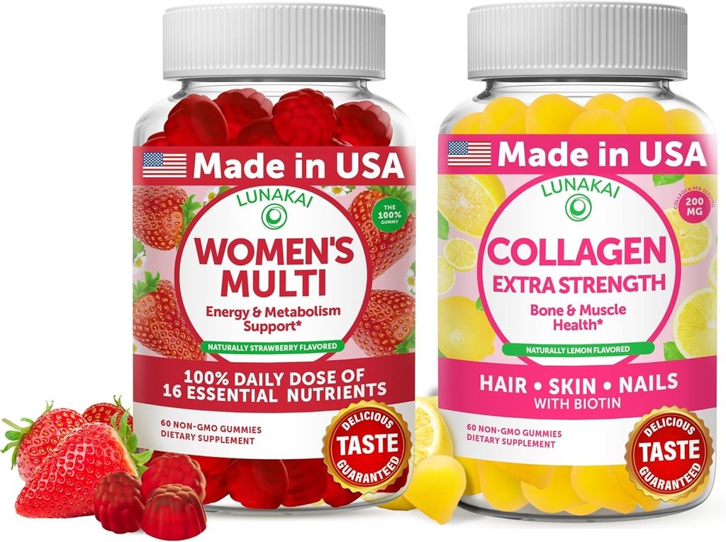 Lunakai Naised Multi ja kollageen Gummies Combo - All-Natural Supplements, Gluteenivaba, No Corn Syrup 60 ct kollageeni ja 60 ct Naiste multivitamiini - 30-päevane pakkumine